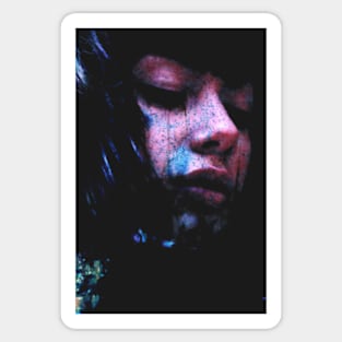 Beautiful girl, blue spots on chin and face. Dark sci-fi, fantasy. So beautiful. Sticker